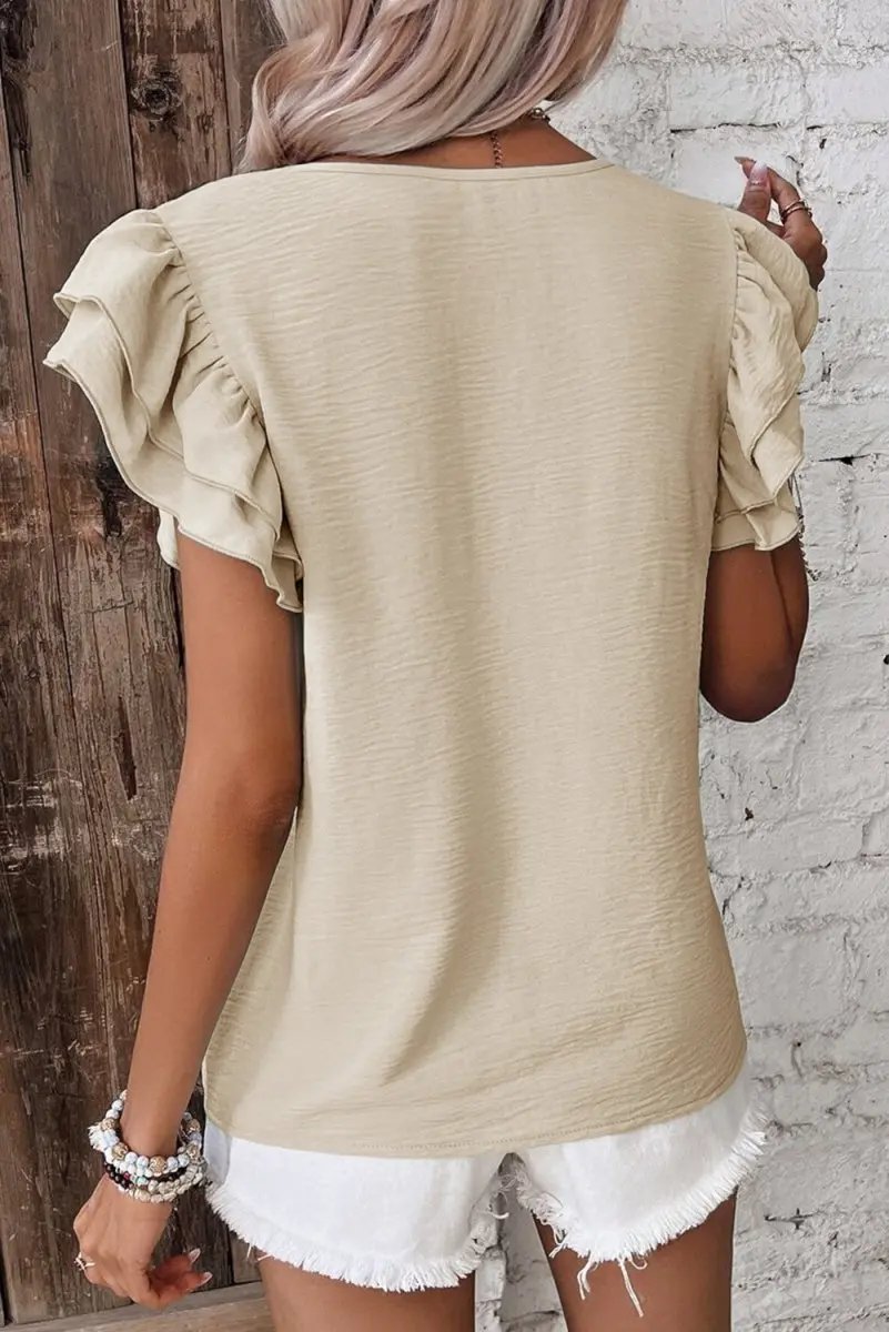 Beige Solid Color Ruffled Short Sleeve Casual Blouse For Women - Love Salve